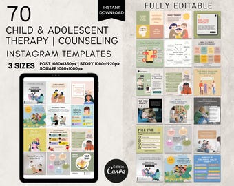 Child Adolescent Therapy Instagram Templates Editable Canva, Teen Children Mental Health Counseling, Social Media Templates for Therapist