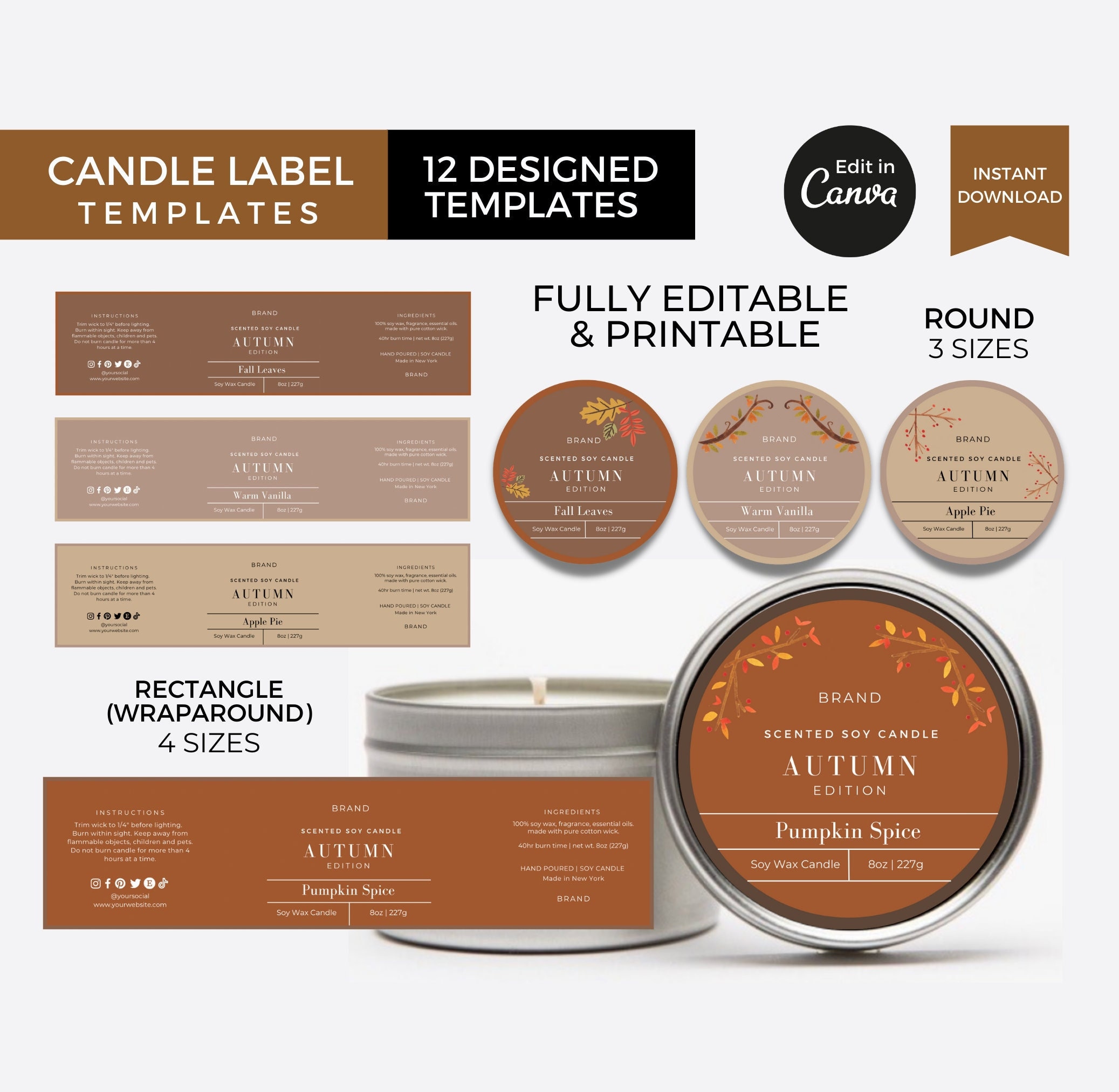 Autumn Candle Tin Labels Template Canva, Candle Label Stickers Editable, Candle Round Labels Printable, Container Candle Wrap Labels Set