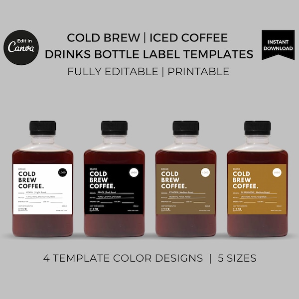 Editable Cold Brew Coffee Bottle Labels Template Canva, Drink Label Design, Juice Bottle Label Stickers Printable, Custom Beverage Packaging