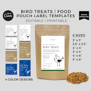 Modello di etichette modificabili per dolcetti per uccelli Canva, adesivi per etichette di cibo per uccelli, etichette stampabili per sacchetti di semi per uccelli, etichette minimaliste per confezioni di cibo per animali domestici