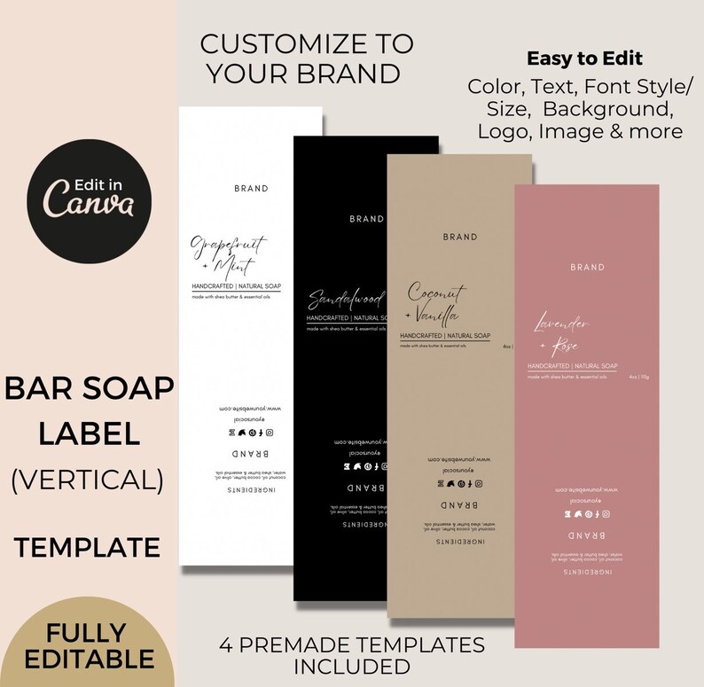 Editable Soap Label Template Canva, Bar Soap Wrap Labels Printable, Body Bath Product Labels
