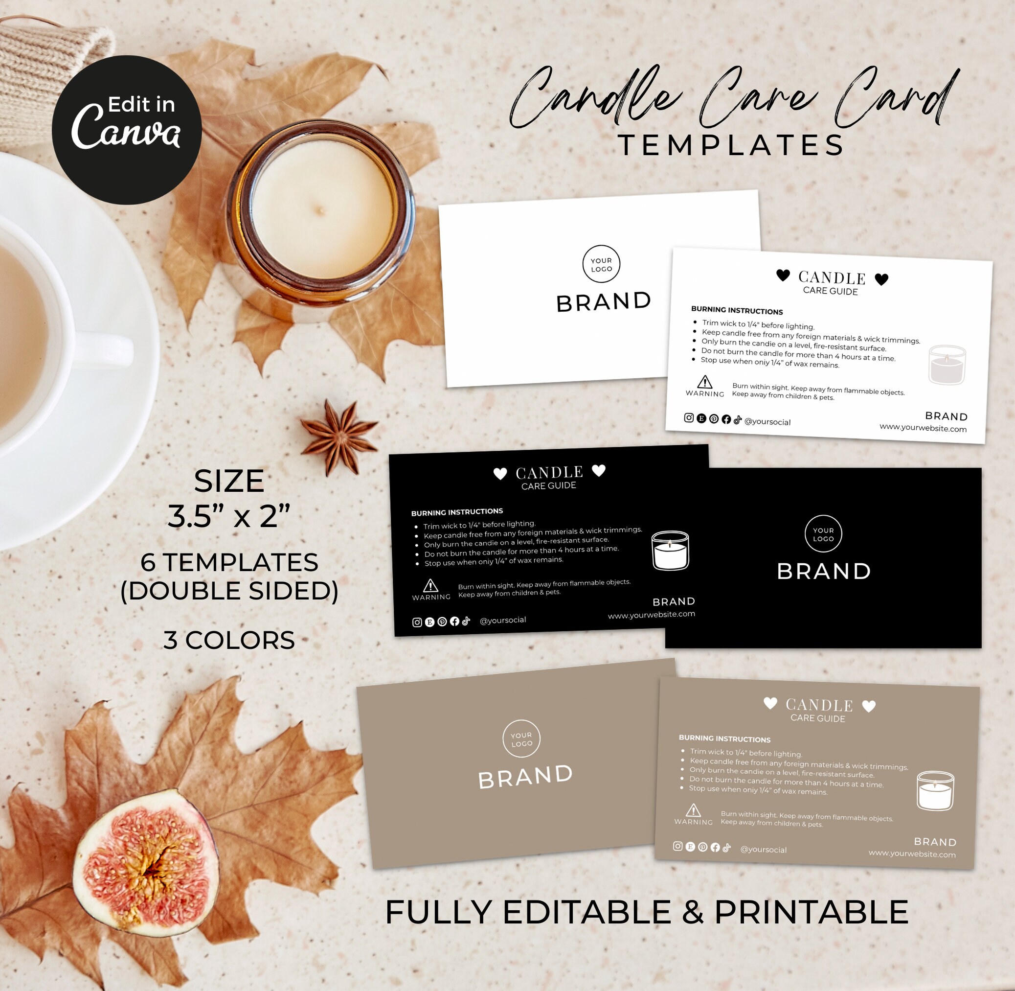 Candle Care Card Template Editable Canva, Printable Candle Care Guide
