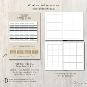 May include: Printable Canva templates for bottle labels. The image shows four different sizes of labels, with text that says "Click the links below (4 sizes) to access and edit your templates in Canva."