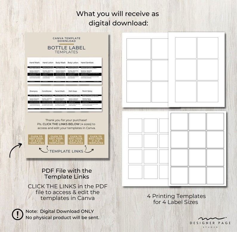 May include: Printable Canva templates for bottle labels. The image shows four different sizes of labels, with text that says "Click the links below (4 sizes) to access and edit your templates in Canva."