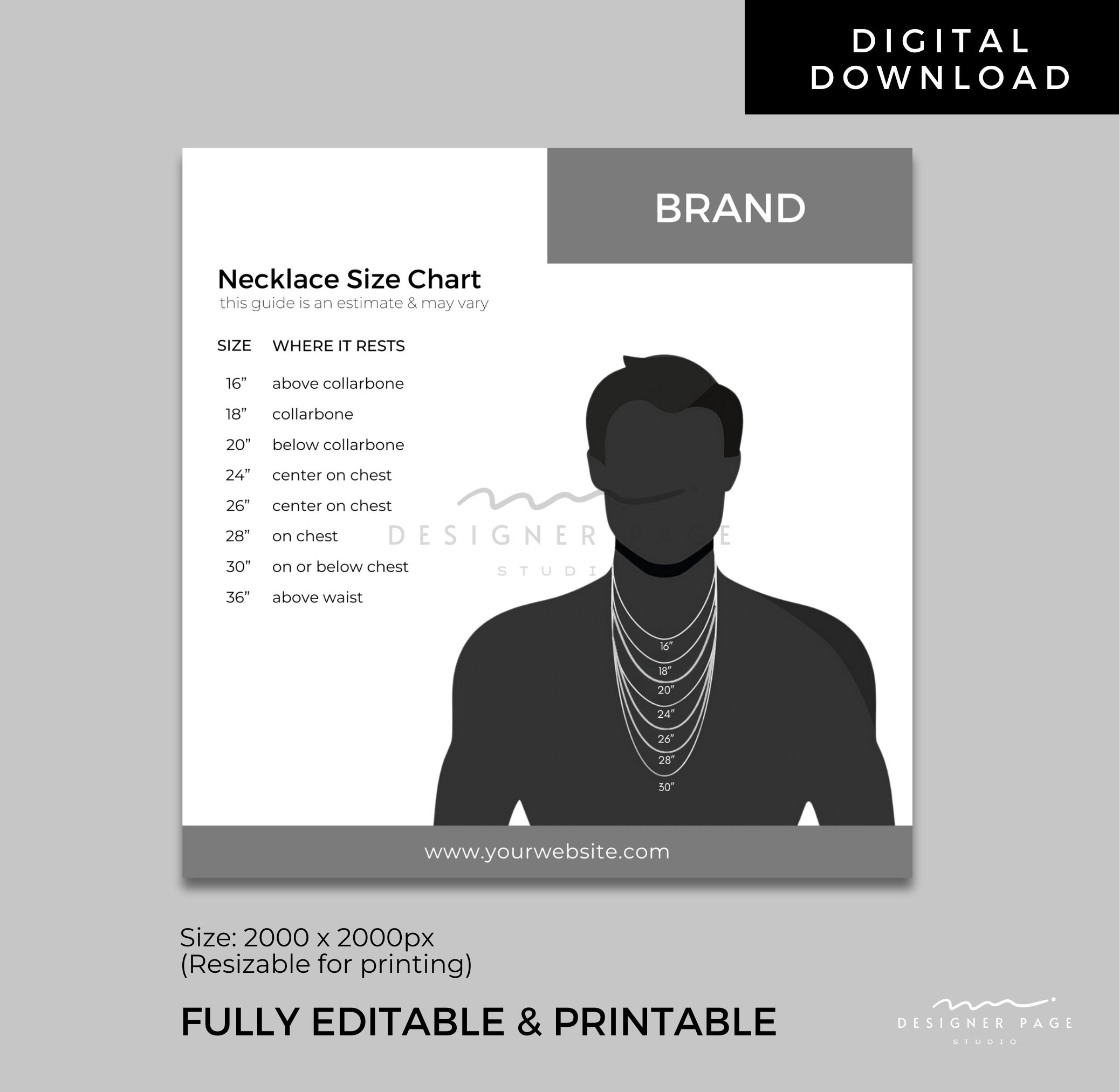 Editable Men’s Necklace Size Chart Template Canva, Printable Custom