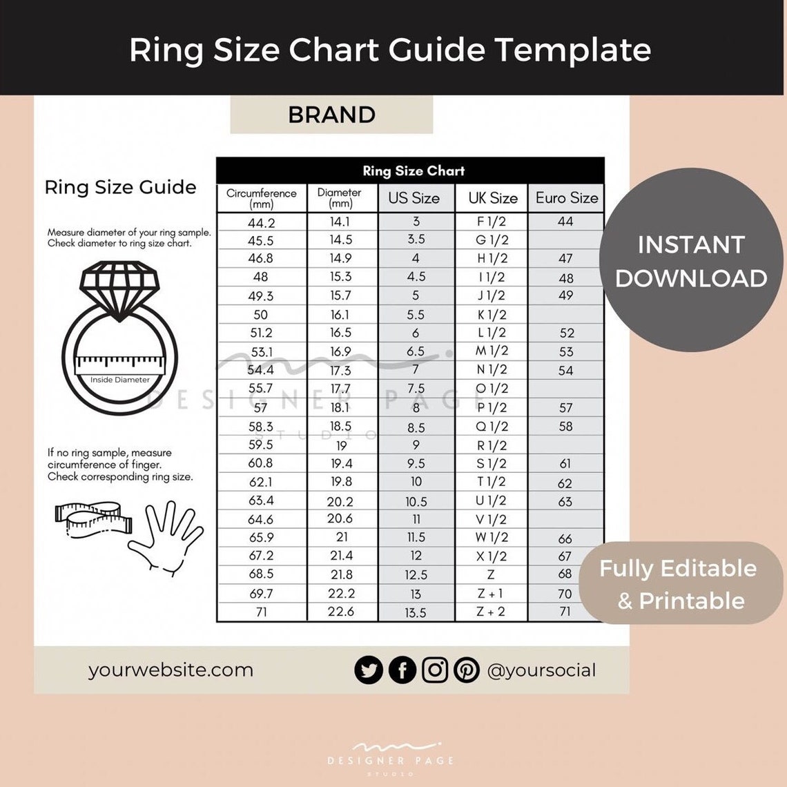 Ring Size Chart Template Editable Printable (Instant Download) - Etsy