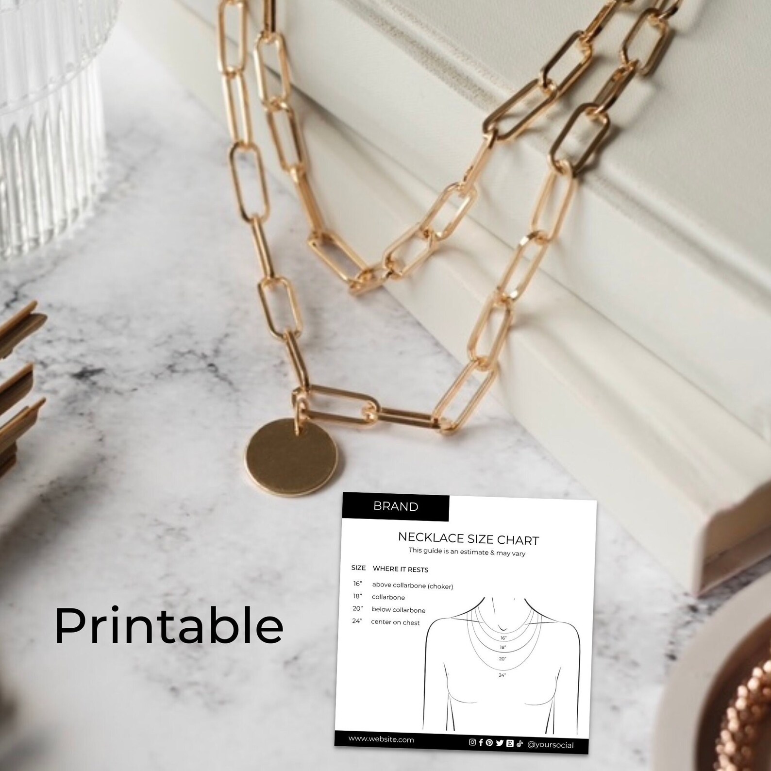 Editable Necklace Size Chart Template, Printable Necklace Length Size Guide Template Card ...