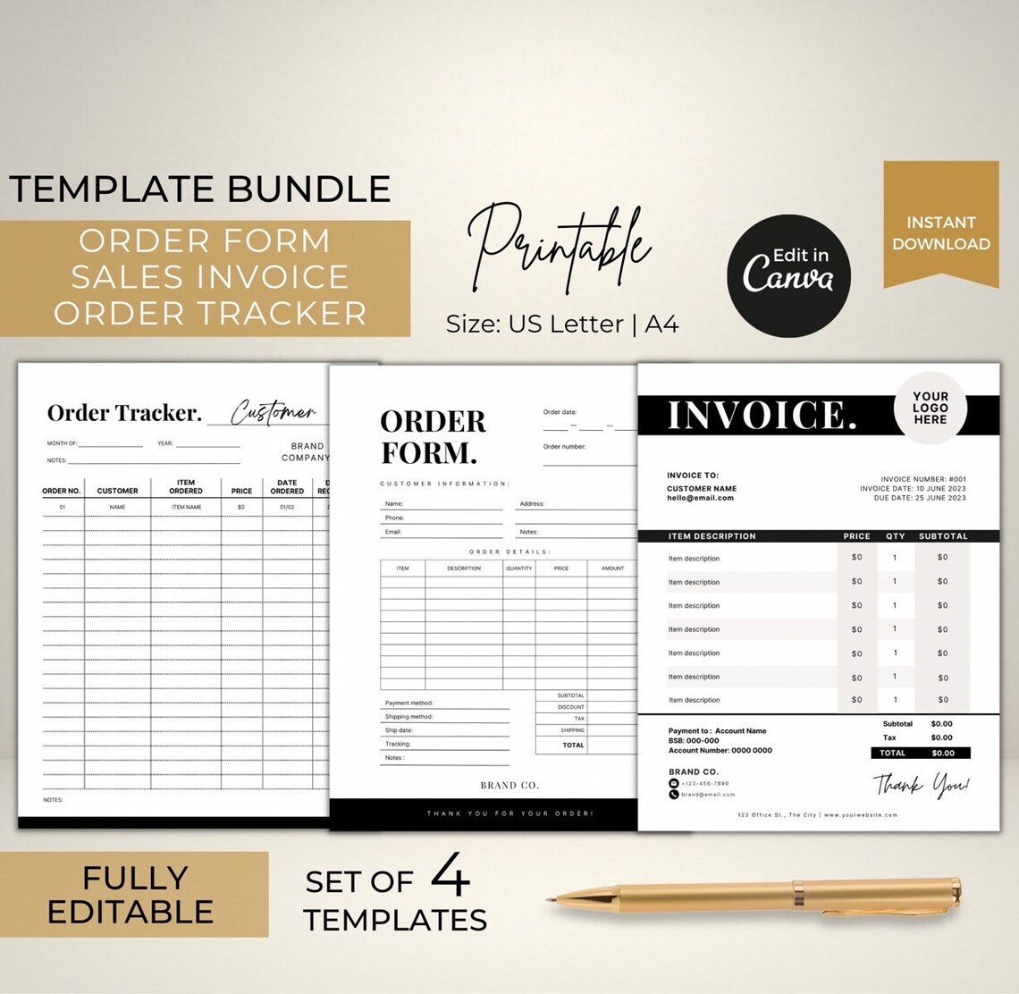 Editable Order Form Template Canva, Printable Customer Sales Invoice ...