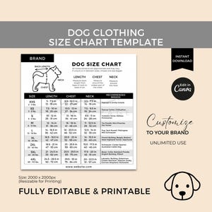 Bearbeitbare Hundekleidung Größentabelle Vorlage Canva, Druckbare Hundebekleidung Größentabelle, Welpen-Messanleitung, benutzerdefinierte Hundekostüm-Größentabelle