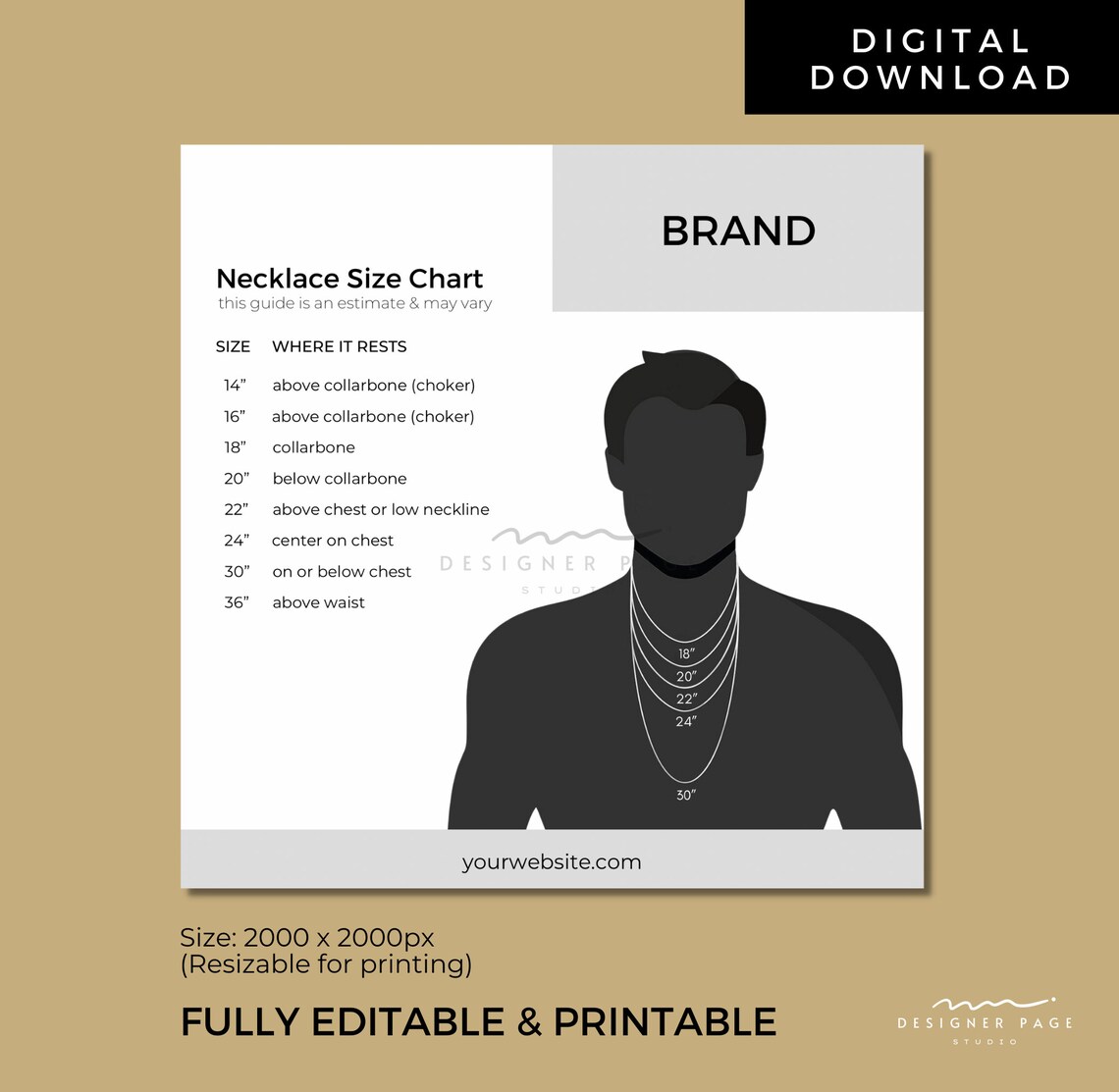 Editable Mens Necklace Size Chart Template Printable Necklace Size Guide Template Card Custom ...