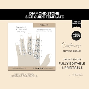 Modèle de guide des tailles de diamants, modèle modifiable, imprimable, taille de pierre diamant rond, mm, tableau des mesures des pierres précieuses, guide des tailles de bagues de bijoux personnalisés