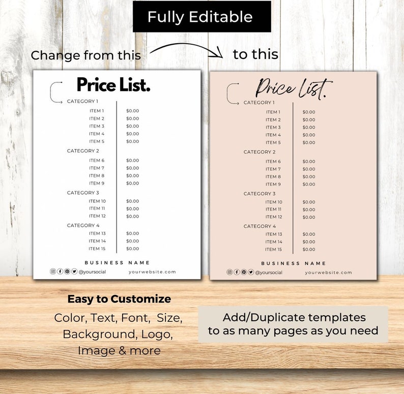 Price List Template Editable Canva, Printable Payment Sign Card, Price ...