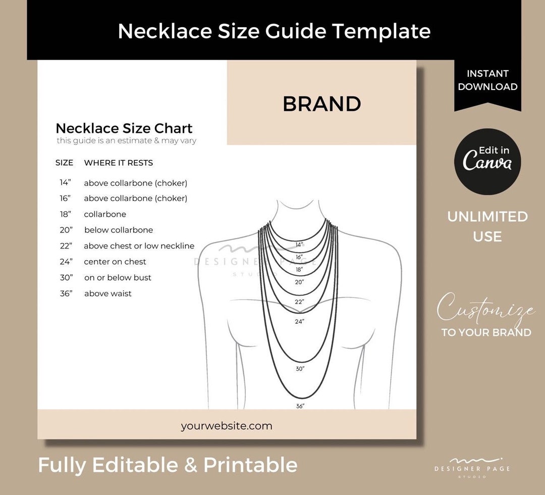 Editable Necklace Size Chart Template | Printable Necklace Size Guide Template Card | Custom ...