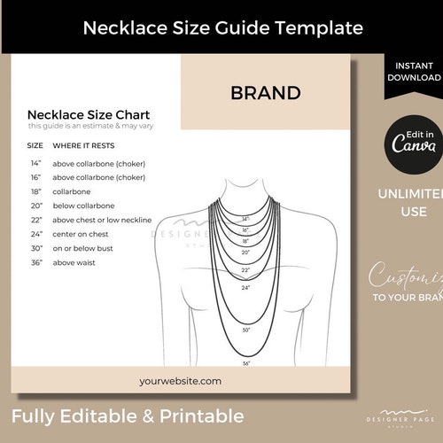 Modèle de tableau de taille de collier modifiable | Carte imprimable de modèle de guide de taille de collier | Modèle Canva personnalisé pour la boutique de médias sociaux d'entreprise