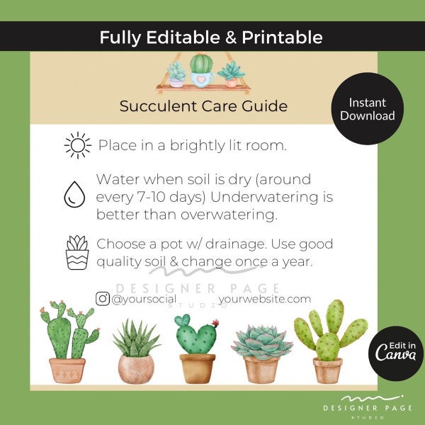 Editable Succulent Care Guide Template, Plant Care Cards Tag Printable labels, Canva Template for Business Card Social Media Shop Instagram