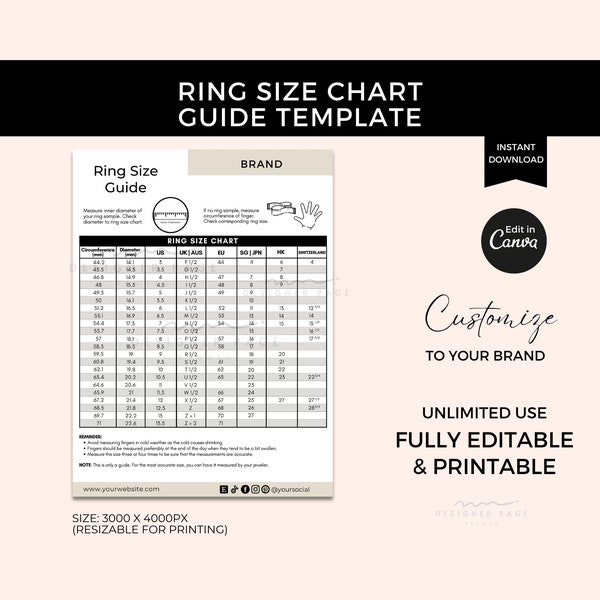 Editable Ring Size Chart Template Canva, Custom Ring Sizing Guide, Ring Measurement Chart, Womens Ring Size Chart, Ladies Jewelry Size Guide