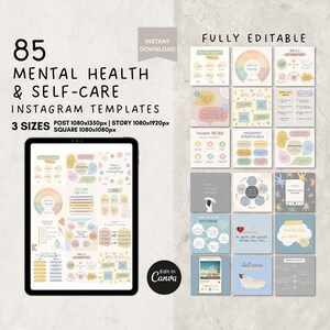Plantillas de Instagram de salud mental (Canva), plantilla editable para redes sociales de TikTok, plantilla de Instagram para terapeutas, terapia de autocuidado, atención plena