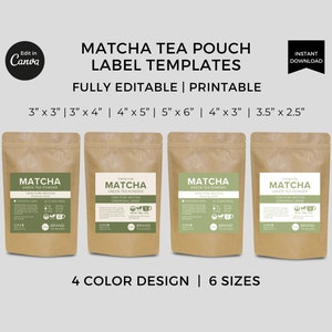 Modelo de rótulos de chá Matcha editável Canva, rótulo de saquinho de chá em pó Matcha, rótulo de saquinho de chá verde Matcha para impressão, embalagem de chá personalizada