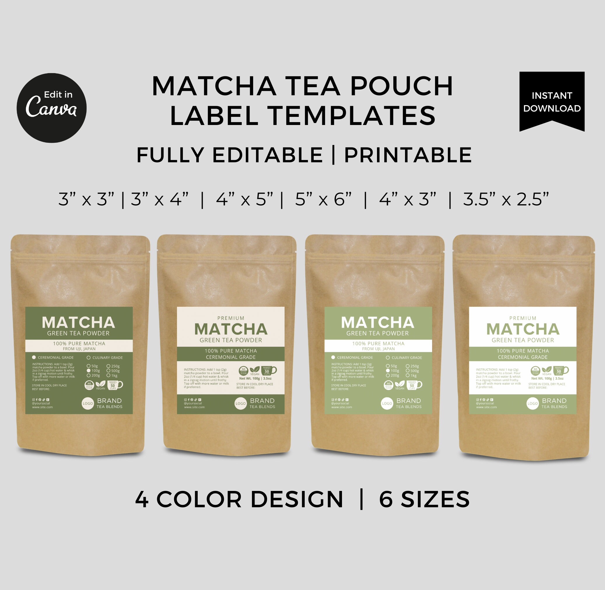 抹茶ラベルテンプレート（編集可能Canva）、抹茶パウダーティーバッグ