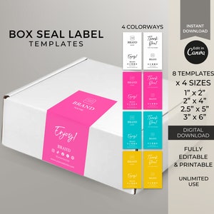 Puede incluir: Ocho plantillas de etiquetas de sellado de caja imprimibles en cuatro colores: rosa, azul, turquesa y amarillo. Las etiquetas incluyen el texto "¡Gracias!" y "¡Disfruta!" con espacio para un nombre de marca, iconos de redes sociales y una dirección de sitio web. Las etiquetas están disponibles en cuatro tamaños: 2,5 x 5 cm, 5 x 10 cm, 6,5 x 12,5 cm y 7,5 x 15 cm.