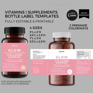 Mall för etiketter för kollagentillskott, redigerbar i Canva, utskrivbara vitaminetikettklistermärken, etikett för kollagengodis, anpassad förpackningsuppsättning
