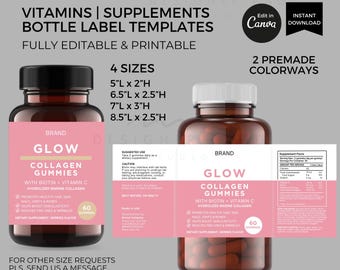 Collagen Supplements Bottle Labels Template Canva Editable, Printable Vitamins Label Stickers, Collagen Gummies Label, Custom Packaging Set