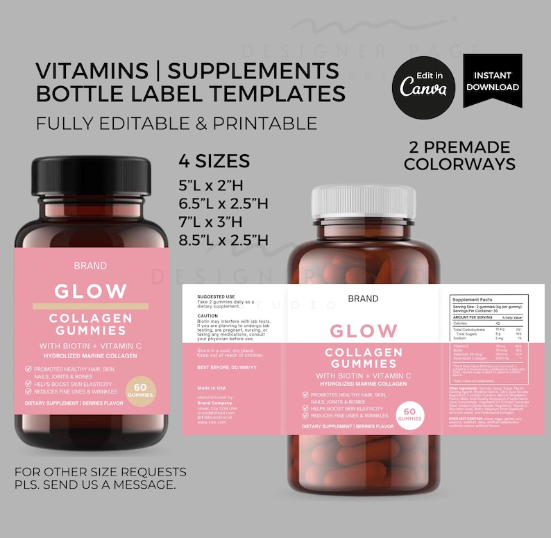Collagen Supplements Bottle Labels Template Canva Editable, Printable ...