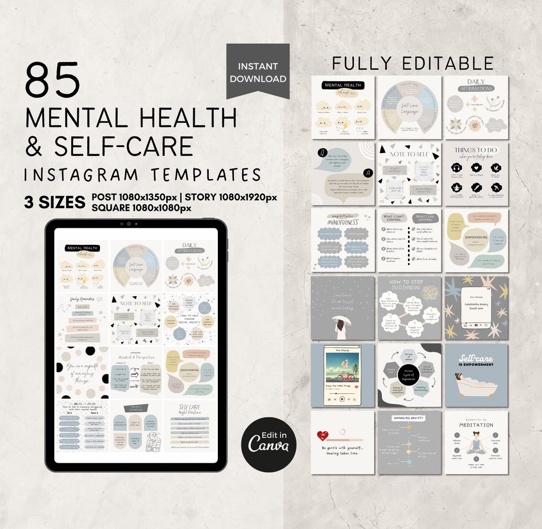 Editable Mental Health Instagram Templates Canva, Self Care Social ...