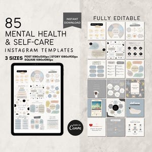 Plantillas editables de Canva para Instagram sobre salud mental, plantillas para redes sociales sobre autocuidado, coach de bienestar y vida, plantillas informativas para terapeutas.