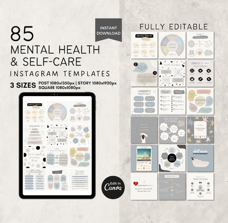 Editable Mental Health Instagram Templates Canva, Self Care Social ...