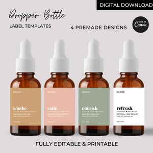 Pode incluir: Quatro modelos de etiquetas imprim&iacute;veis para frascos conta-gotas com diferentes fundos de cor e texto. Os r&oacute;tulos apresentam as palavras "soothe", "calm", "nourish" e "refresh" com os ingredientes correspondentes listados abaixo. Cada r&oacute;tulo inclui o texto "Natural Face Oil" ou "Natural Face Serum" e "1oz | 30ml".