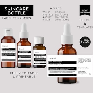 Puede incluir: Cuatro plantillas de etiquetas de botellas de cuidado de la piel imprimibles en varios tamaños: 2 x 1 pulgada, 3,75 x 1,5 pulgadas, 4,5 x 2 pulgadas y 5 x 2,5 pulgadas. Las etiquetas presentan un diseño en blanco y negro con el texto "Brand." y descripciones de productos. Las etiquetas son totalmente editables en Canva.