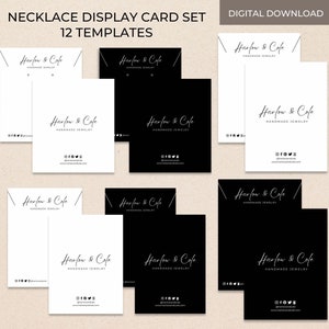 Peut inclure: Douze cartes d'affichage de collier imprimables en noir et blanc avec le texte "Harlow & Cole Handmade Jewelry" et des ic&ocirc;nes de m&eacute;dias sociaux.