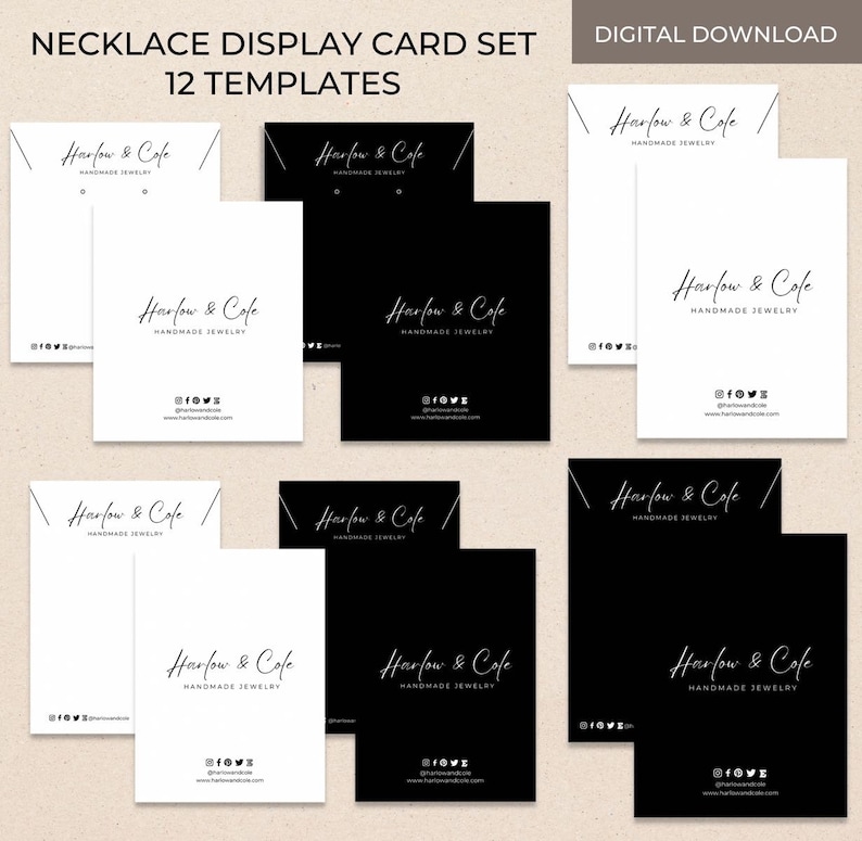 Peut inclure: Douze cartes d'affichage de collier imprimables en noir et blanc avec le texte "Harlow & Cole Handmade Jewelry" et des ic&ocirc;nes de m&eacute;dias sociaux.