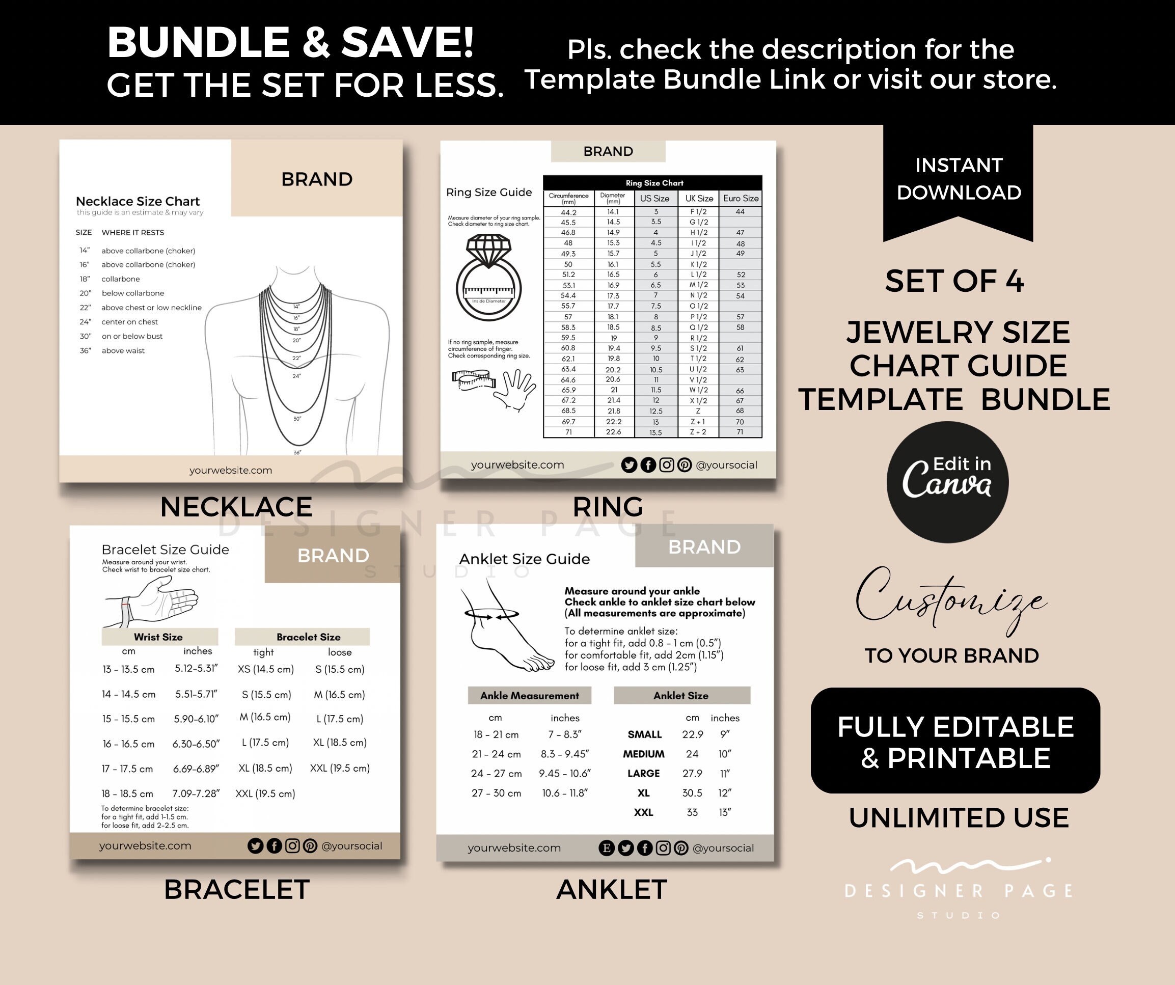 Editable Anklet Size Chart Template Canva, Printable Ankle Bracelet