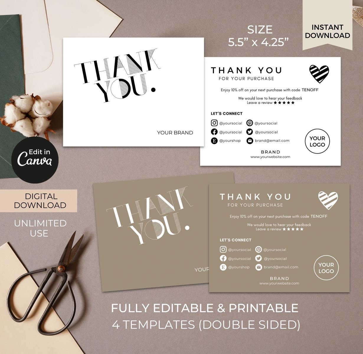 Thank You Card Template Editable Canva, Printable Thank You Cards ...
