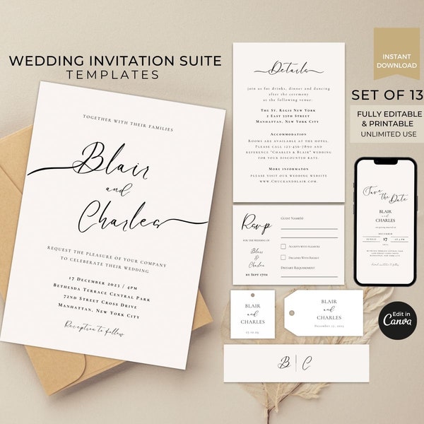 Editable Wedding Invitation Card Suite Template Canva, Digital Electronic Wedding Invitations, Save The Date Card, Modern Elegant Minimalist