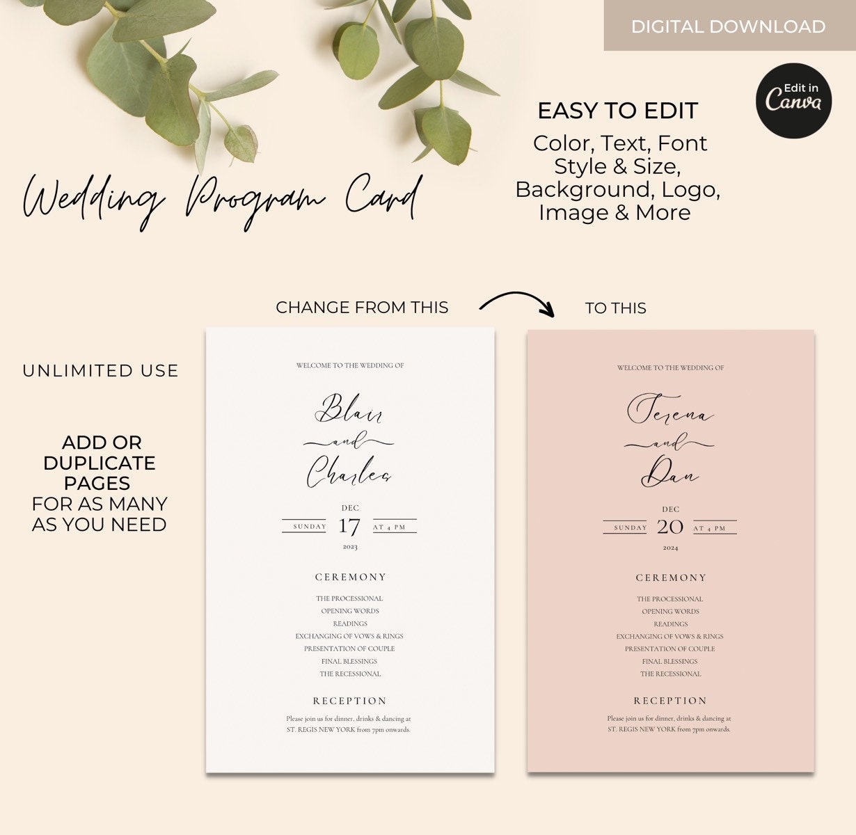 Editable Modern Wedding Program Card Template Canva, Printable Wedding ...