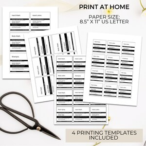 May include: Four printable templates for product labels. The labels are designed for a variety of products, including hand wash, hand lotion, body wash, shampoo, dish soap, facial wash, hand sanitizer, room spray, and bath soap. The labels are designed to be printed on 8.5 x 11 inch paper.