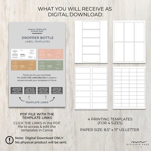 Pode incluir: Download digital de quatro modelos de etiquetas de frascos conta-gotas imprim&iacute;veis em quatro tamanhos. Os modelos s&atilde;o projetados para uso com Canva e est&atilde;o dispon&iacute;veis no tamanho carta dos EUA de 8,5 x 11 polegadas.