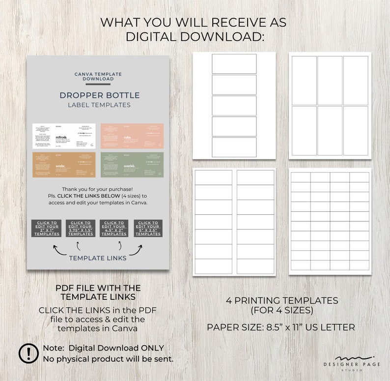 Pode incluir: Download digital de quatro modelos de etiquetas de frascos conta-gotas imprim&iacute;veis em quatro tamanhos. Os modelos s&atilde;o projetados para uso com Canva e est&atilde;o dispon&iacute;veis no tamanho carta dos EUA de 8,5 x 11 polegadas.