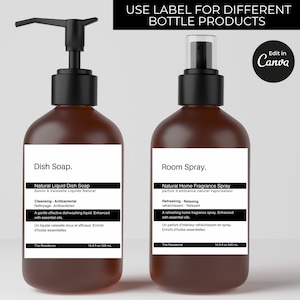 May include: Two brown glass bottles with black pump tops and labels. The bottle on the left is labeled "Dish Soap. Natural Liquid Dish Soap Savon &agrave; Vaisselle Liquide Naturel" and the bottle on the right is labeled "Room Spray. Natural Home Fragrance Spray parfum d'ambiance naturel vaporisateur". Both bottles are 16.9 fl oz / 500 mL.