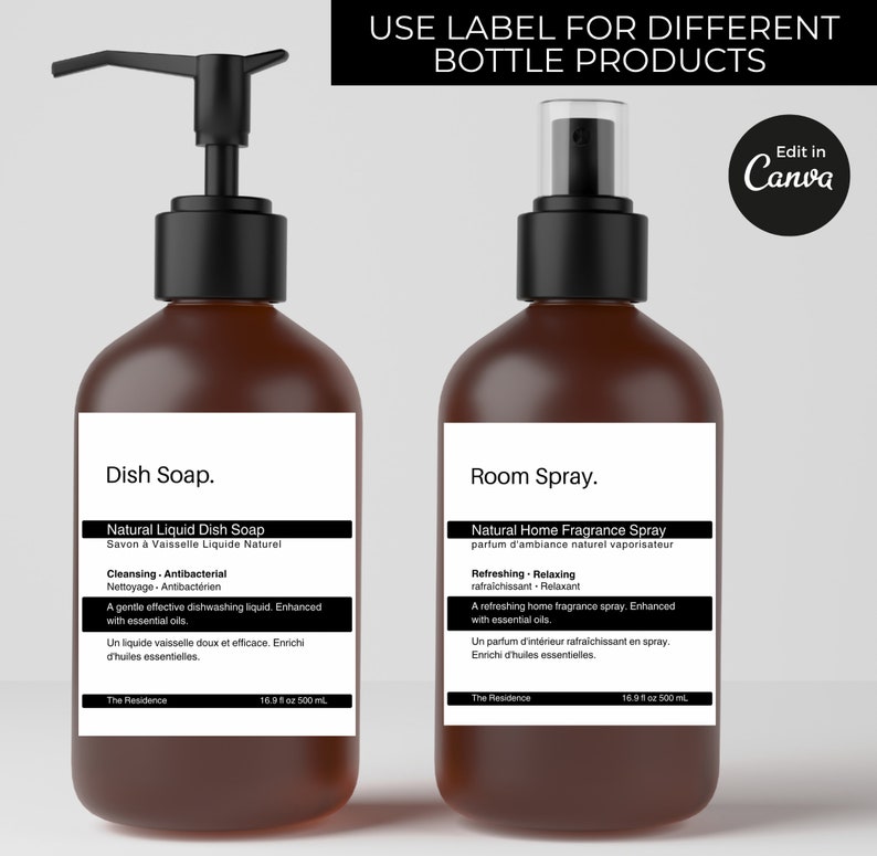 May include: Two brown glass bottles with black pump tops and labels. The bottle on the left is labeled "Dish Soap. Natural Liquid Dish Soap Savon &agrave; Vaisselle Liquide Naturel" and the bottle on the right is labeled "Room Spray. Natural Home Fragrance Spray parfum d'ambiance naturel vaporisateur". Both bottles are 16.9 fl oz / 500 mL.
