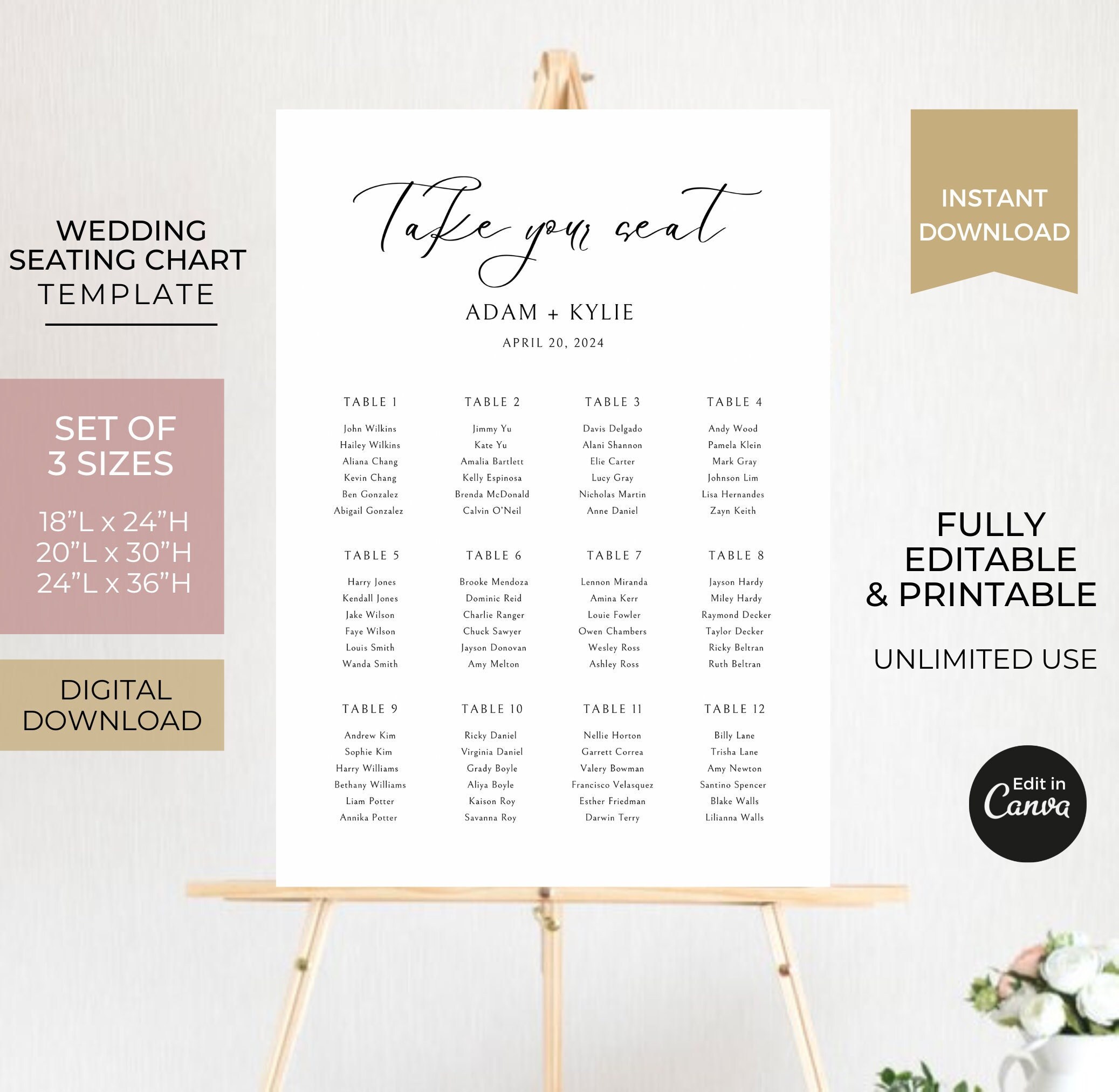 Editable Wedding Guest Seating Chart Template Canva, Printable Wedding