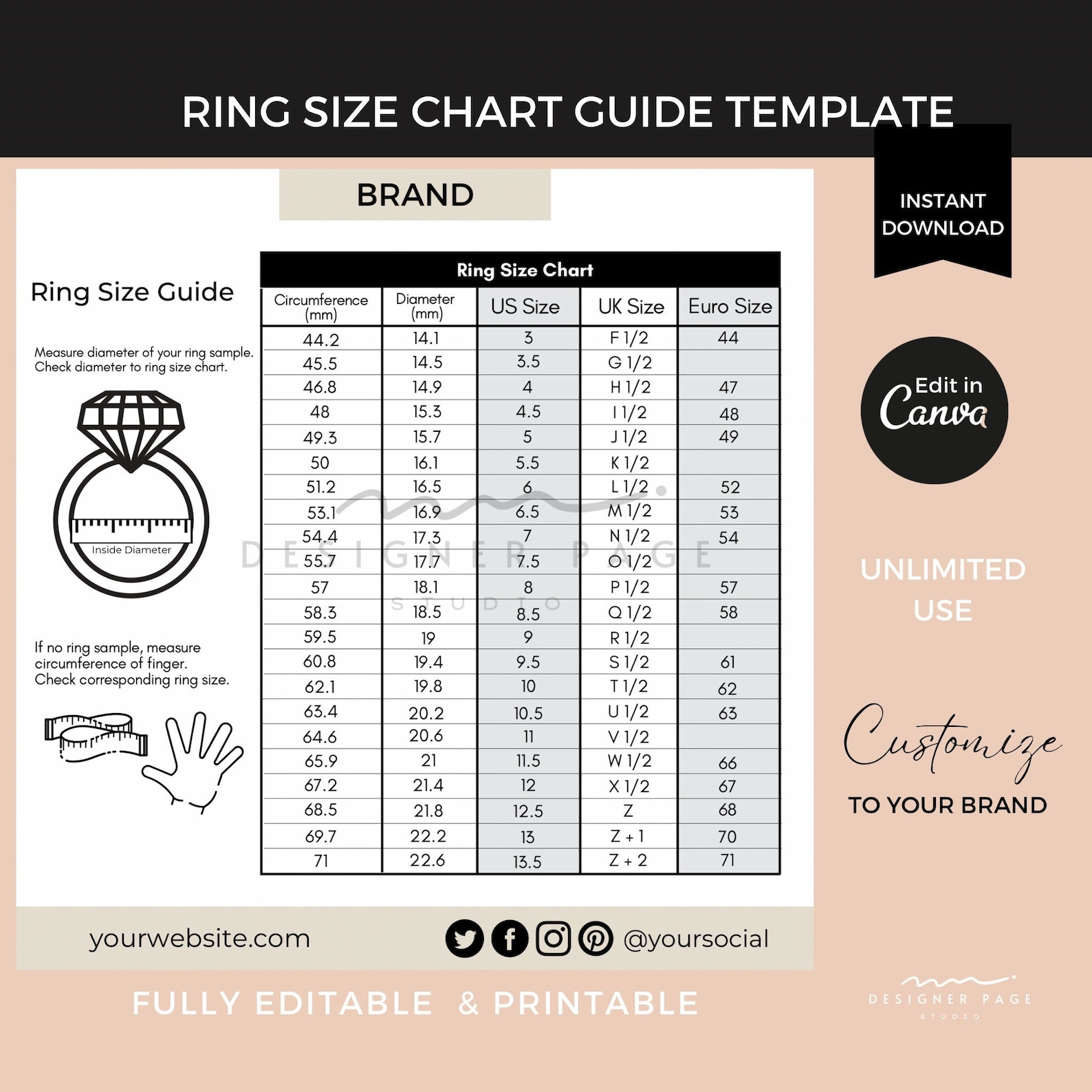 Ring Size Chart Template Editable Printable Jewelry Accessory Rings