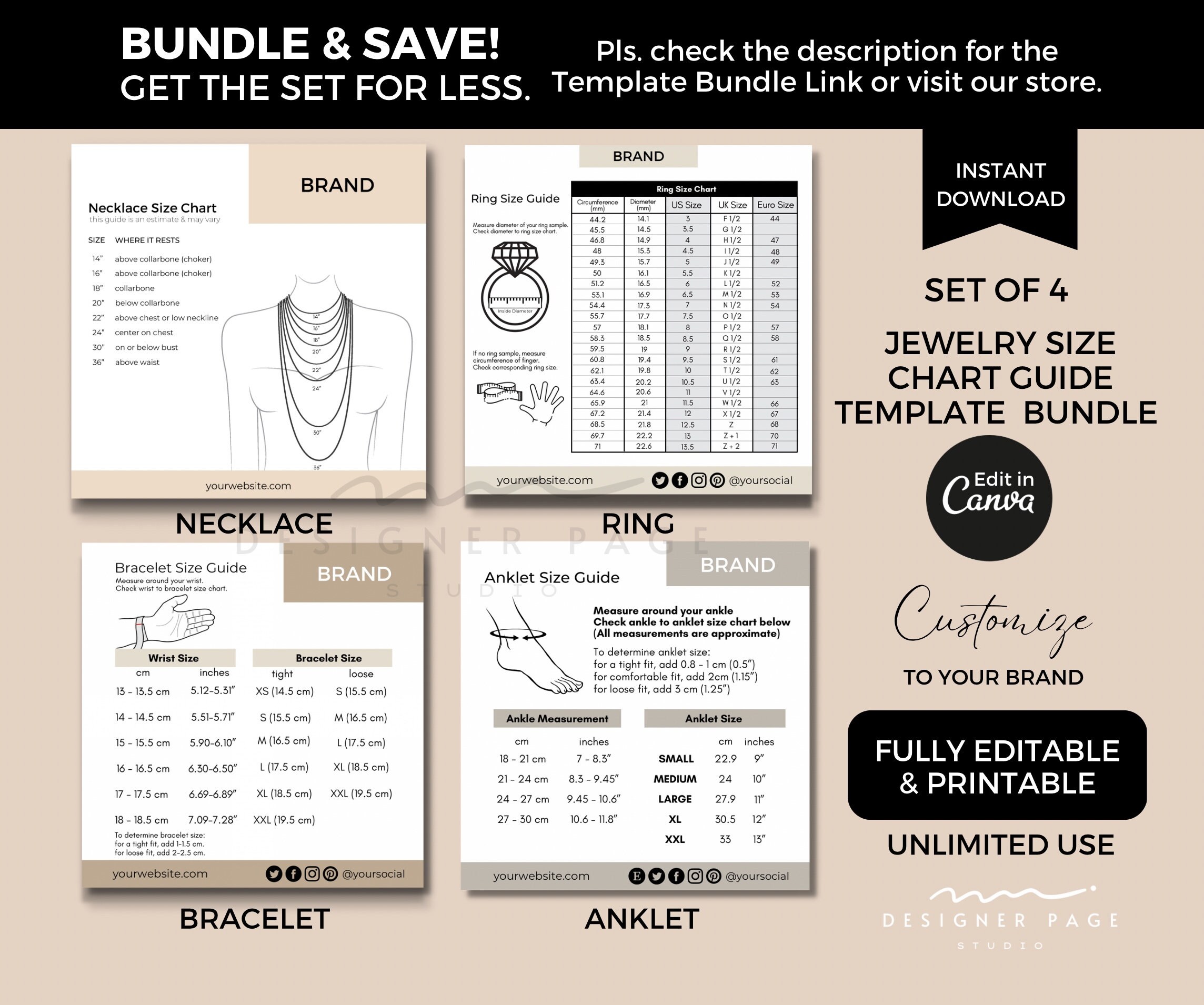 Editable Mens Necklace Size Chart Template Printable Necklace Size Guide Template Card Custom ...