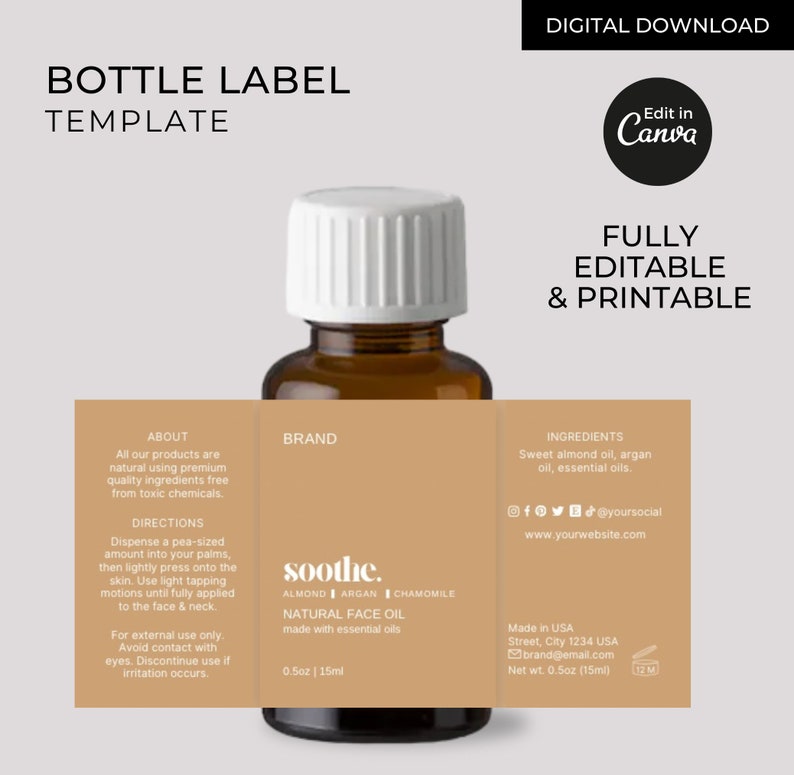Pode incluir: Uma garrafa de vidro marrom com uma tampa branca e um r&oacute;tulo que diz "soothe. NATURAL FACE OIL" com os ingredientes listados como "ALMOND | ARGAN | CHAMOMILE" e "made with essential oils". O r&oacute;tulo tamb&eacute;m inclui o texto "0.5oz | 15ml".