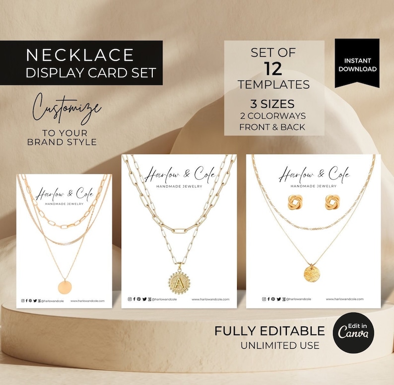 Peut inclure: Ensemble de 12 cartes d'affichage de collier personnalisables pour bijoux faits main. Les cartes pr&eacute;sentent trois styles de collier diff&eacute;rents avec des cha&icirc;nes et des pendentifs en or. Les cartes sont enti&egrave;rement modifiables et peuvent &ecirc;tre utilis&eacute;es &agrave; volont&eacute;. Le texte sur les cartes indique "Harlow & Cole Bijoux faits main".