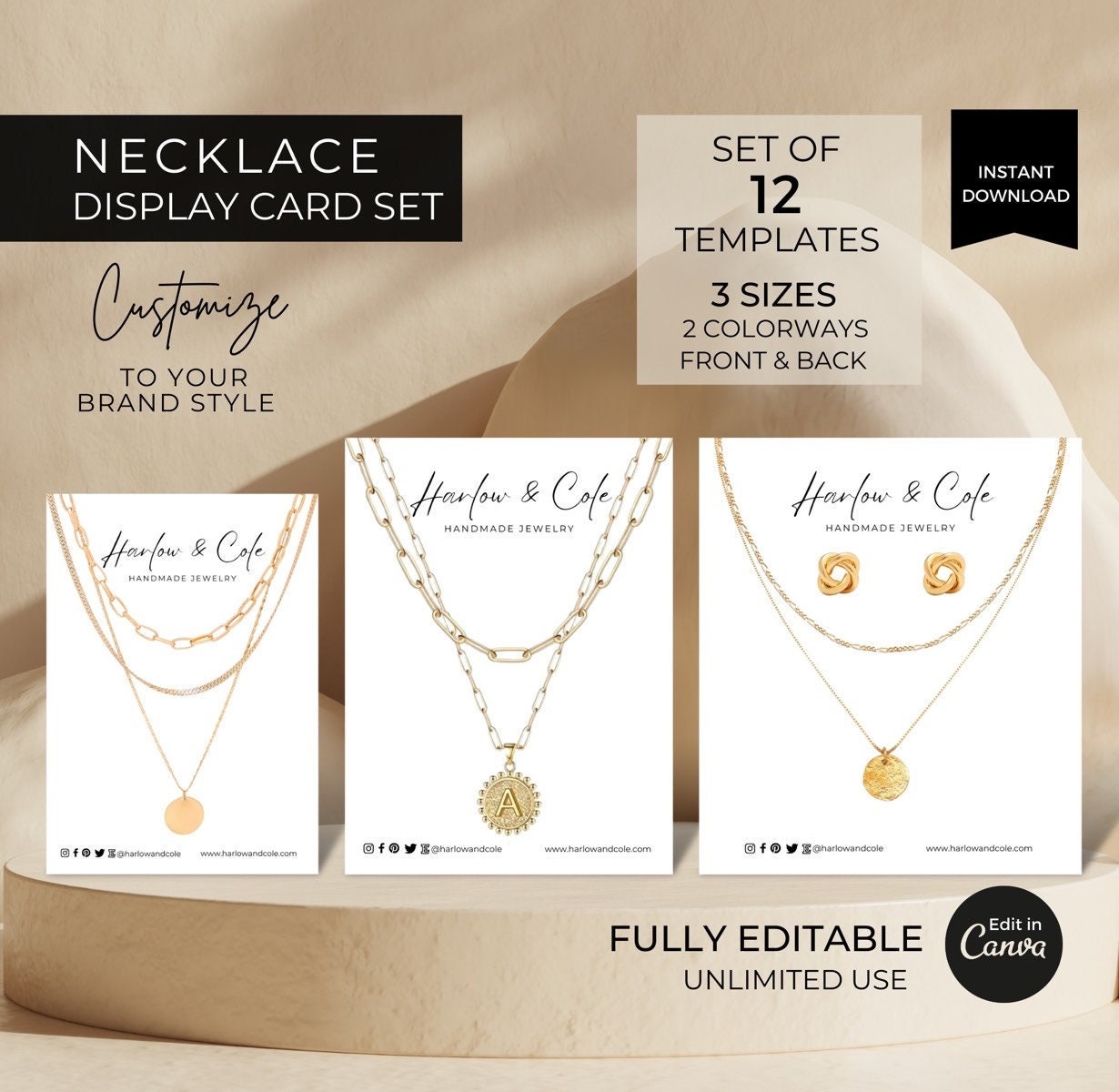 Necklace Display Card Template Set, Printable Necklace Cards Logo Template,  Jewelry Display, Earrings Card, Necklace Holder, Canva Template 