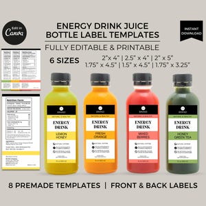 Könnte beinhalten: Vorlagen für Etiketten für Energy-Drink-Saftflaschen, vollständig editierbar und druckbar. Das Bild zeigt vier Flaschen mit den Geschmacksrichtungen Lemon Honey, Fresh Orange, Mixed Berries und Honey Green Tea. Die Etiketten enthalten Nährwertangaben.